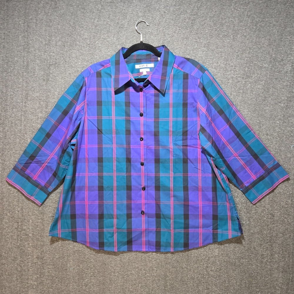 Foxcroft Shirt Women 18W Plus Purple Plaid‎ 3/4 Sleeve Shaped Wrinkle Free